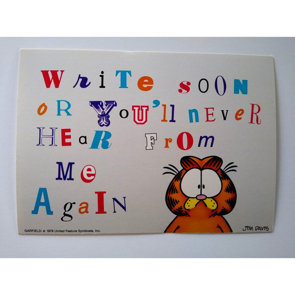 Garfield Cat Postcard Write Soon Or United Features Jim Davis 1978 Continental - Picture 1 of 2
